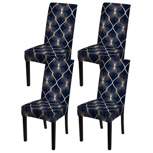 Image of Nuxovilar 4PCS Dark Blue Gold Line Floral Grid Stretch Covers