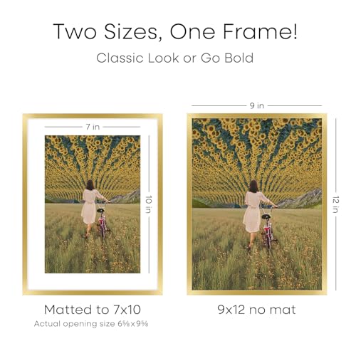 Image of Homeforia 9x12 Gold Picture Frame, High-End Metal, 7x10 Mat, Glass | High End Aluminum, Tempered Glass, Acid-Free 7x10 Removable Mat, 9x12 in Edge-to-Edge Display 12x9, Wall Kit, Set Of 1