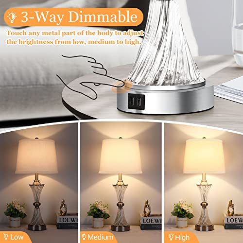Verron T0026-B Set Of 2 Touch Control Glass Table Lamps With 2 Usb Charging Ports, 3-Way Dimmable Modern Bedside Nightstand Lamp, Silver Desk Lamp thumb #2