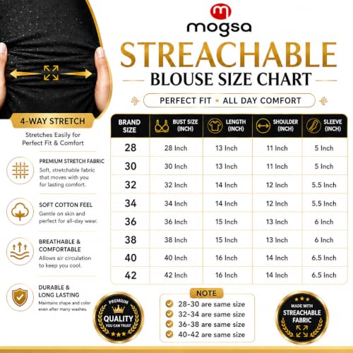 Image of Mogsa Women's Stretchable Cotton Saree Blouse | Readymade Stitched Blouse | Round Neck | Short Sleeve | Soft & Comfortable Ethnic Blouse for Saree Wear