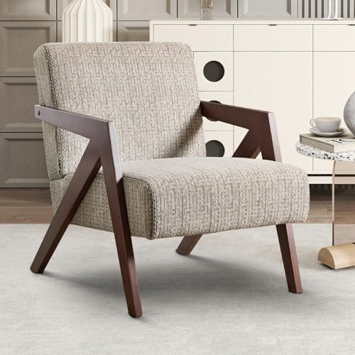 INZOY Mid Century Modern Accent Chair with Wood Frame, Upholstered Reading Armchair with Soft Linen Fabric, Accent Chair for Living Room Bedroom Apartment, Easy Assembly, Brown
