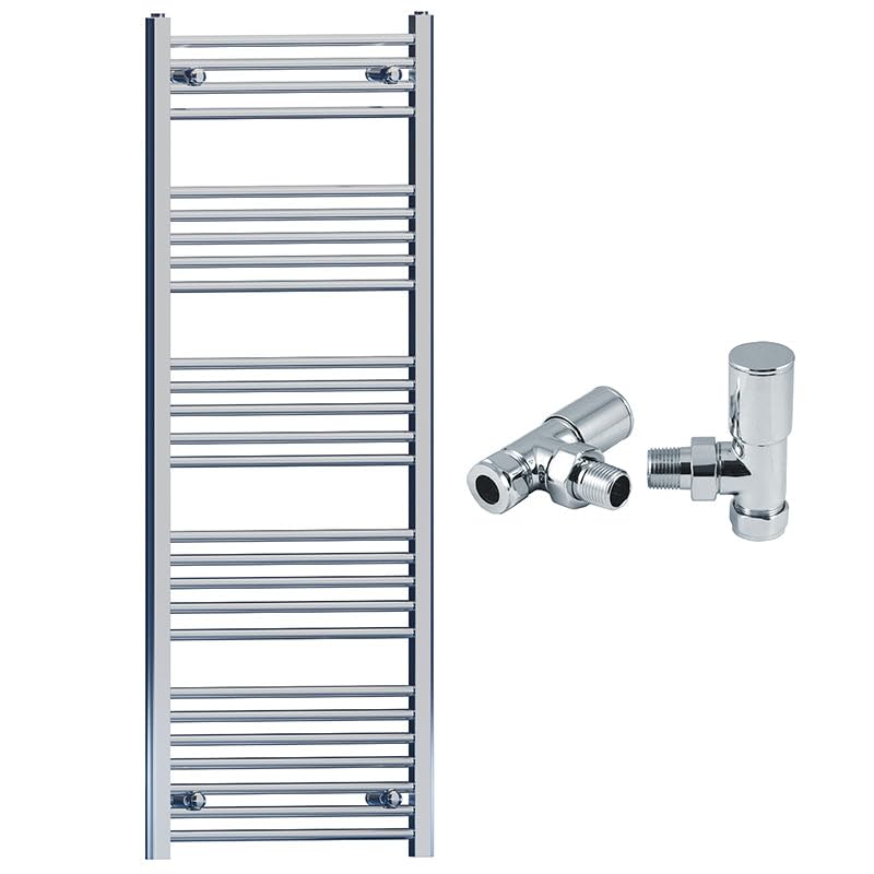 600mm Wide Straight Chrome Heated Bathroom Towel Rail Radiator With Valves For Central Heating UK (With Angled Valves, 600 x 1400mm (h))