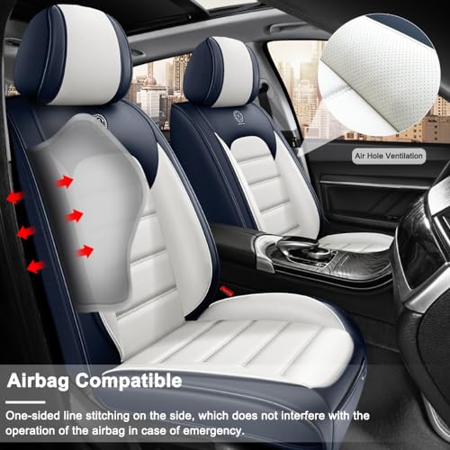 Image of 2 Seat Covers for Hyundai Santa Fe XL 2001-2024,Premium Nappa Leather Car Seat Covers Car Seat Cushions,Waterproof Soft Seat Covers for Cars,Interior Accessories with Airbag(Luxury-Blue&White)