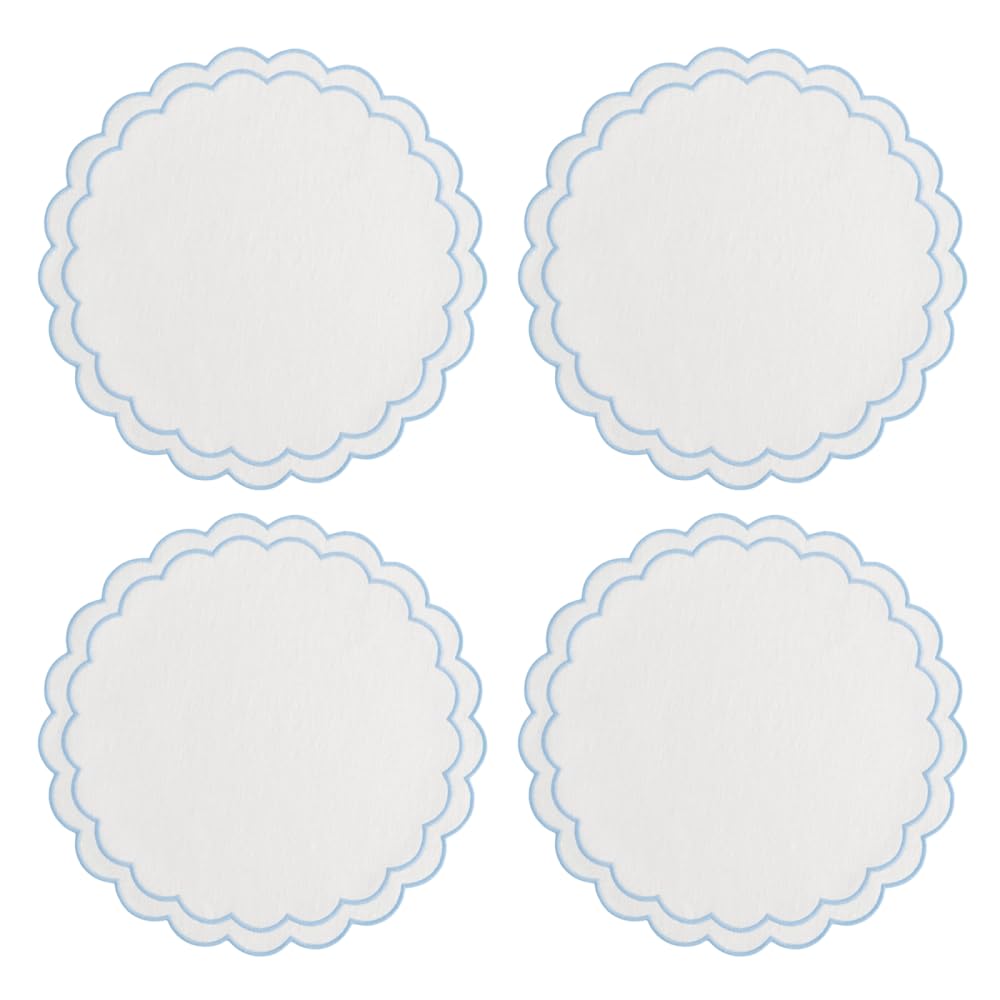 Mioyoow Sky Blue Linen Placemats, 4Pcs Round Place Mats With Scalloped Edge Embroidery Table Mats For Home Kitchen Dinning Decor