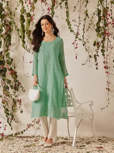 Image of Ada Hand Embroidered Lucknowi Chikankari Kota Kurta for Women A411211