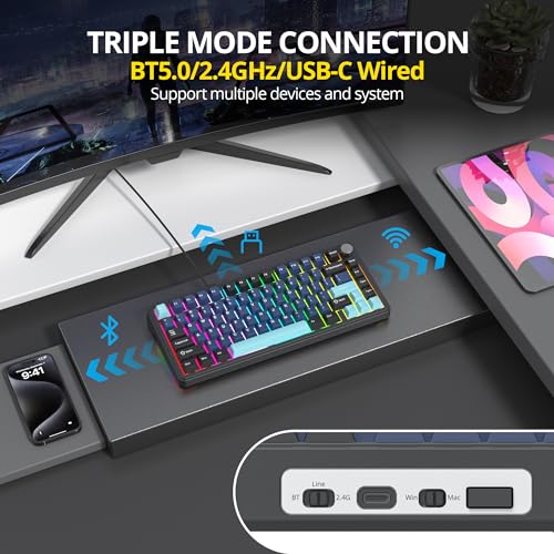 Image of Surmen M75 Thocky Gaming Keyboard Board 75% Wireless, BT5.0 /2.4Ghz /USB Bluetooth Mechanical Gaming Keyboard with 5-Layer Padding (Deep Sea)