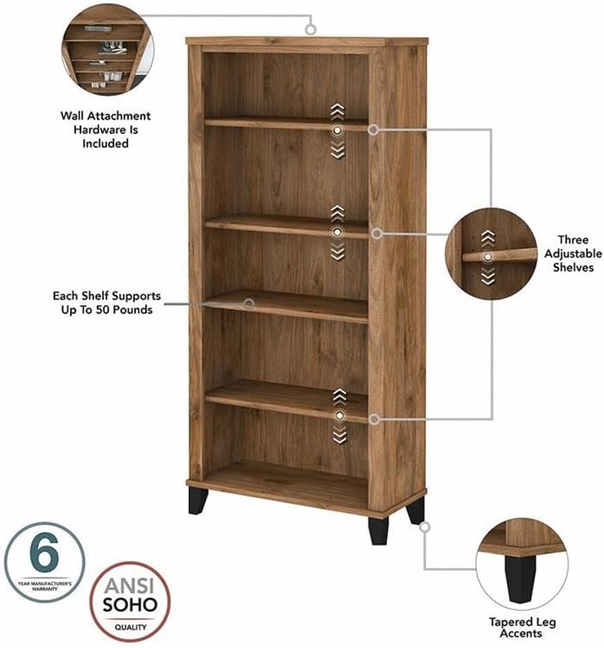 Pemberly Row 60W L Shaped Desk with Hutch and Bookcase, Engineered Wood, Fresh Walnut Finish, Wire Management, Frosted Glass Doors, Adjustable Shelves, Home Office Furniture Set