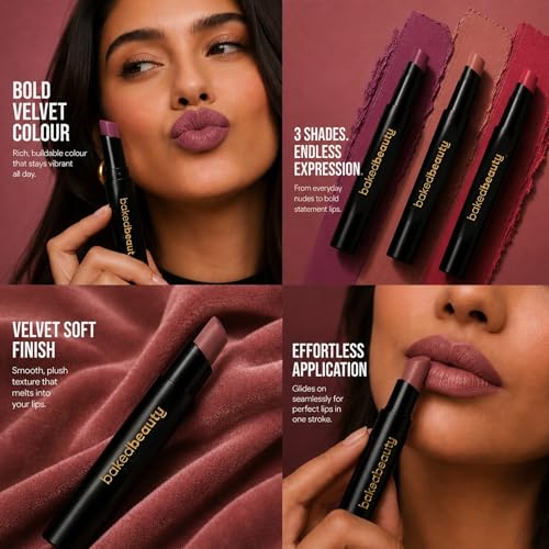 Image of BAKED BEAUTY Super Matte Lip Cream Crayon Pack of 3 Lipstick for Women | Long-Lasting 8 Hours Stay Non Transfer Retractable | Smudge Proof & Waterproof Lipstick Enriched with Jojoba Oil & Vitamin E 7.5g Forget Me Not