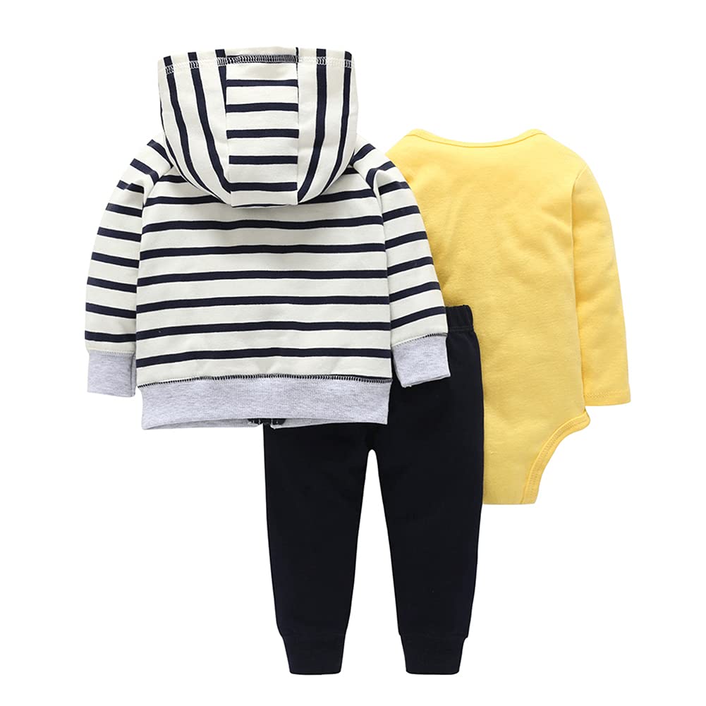Infant Baby Boy Girl Winter Fall Clothes Long Sleeve Cute Cartoon Warm Cotton Sweatshirt Onepiece Romper+Long Pants+Hooded Coat Jackets 3pcs Causal Outfit Set Yellow Stripes 18-24 Months