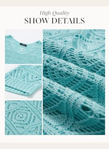 Dokotoo Womens Fashion Ladies Spring Summer Scoop Neck 3/4 Short Sleeve Crochet Top 2025 Pullover Sweaters Work Business Loose Shirts Swimsuit Coverup for Women Light Blue Medium - Image 5