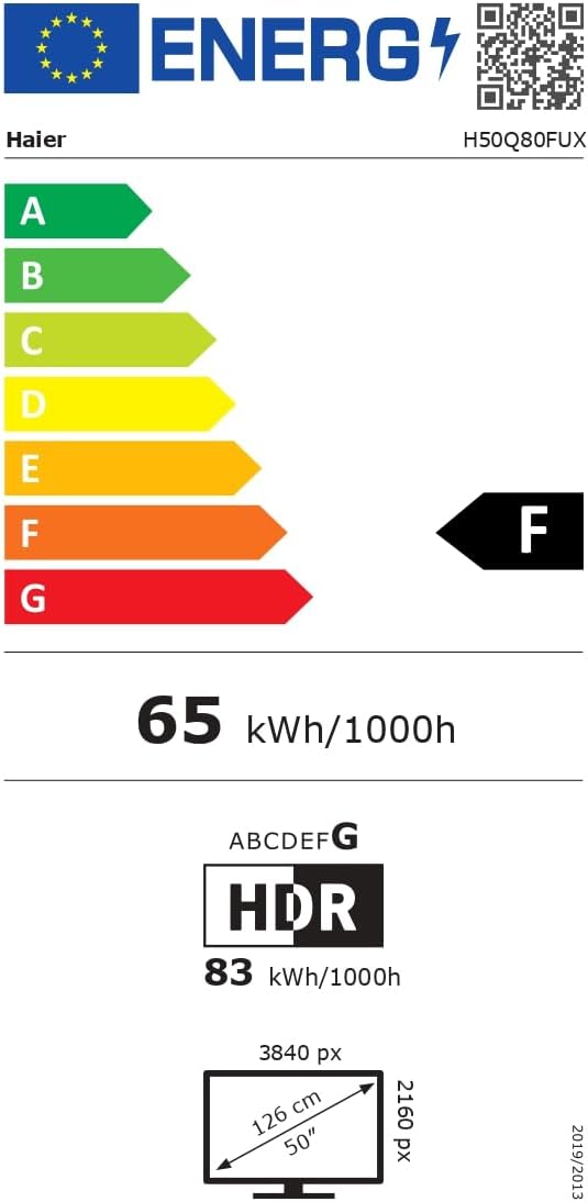 EU Energy Label for Haier H50Q80FUX TV, showing energy efficiency class F for SDR and G for HDR, with power consumption details.