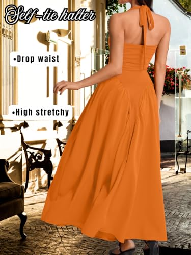 Image of ChiaoLezhee Deep V Neck Dress, Halter Maxi Dresses, Vacation Date Night, Sexy for Women Corset Flowy Wedding Guest Drop Waist