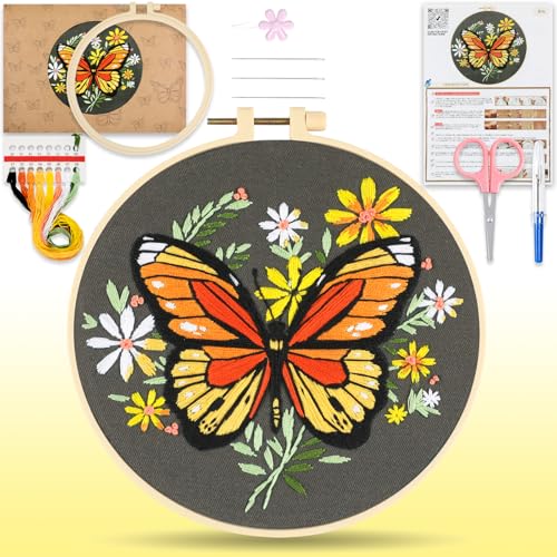 Image of HTVRONT Embroidery Kit for Beginners, Butterfly Embroidery Kits with Step-by-Step Video Tutorials, Simple 6 Stitches Beginner Embroidery Kit for Adult Crafts