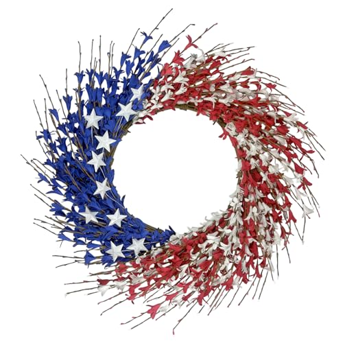 Orilium 22 Inch Patriotic Wreath for Front Door – 4th of July Wreath with Red White Blue Flowers & Iron Star Accents – Memorial Day, Independence Day, Labor Day Decor – Indoor Outdoor Porch Summer