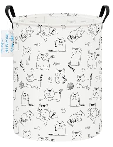 Image of Round Laundry Basket Collapsible Storage Hamper Organizer Cat | Waterproof Canvas Foldable Baskets with sturdy Handles Multi-scene Organizer for Home Play Bedroom Gift Bin