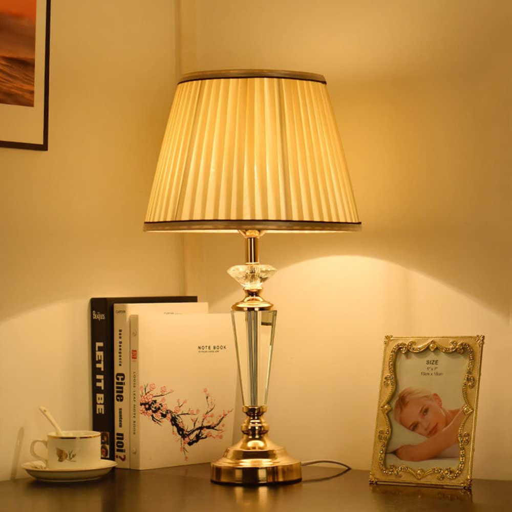 Mengjay Moderna Lampada da Tavolo in Tessuto e Cristallo, Luce da Scrivania E27 per Camera da Letto, Soggiorno, Cucina