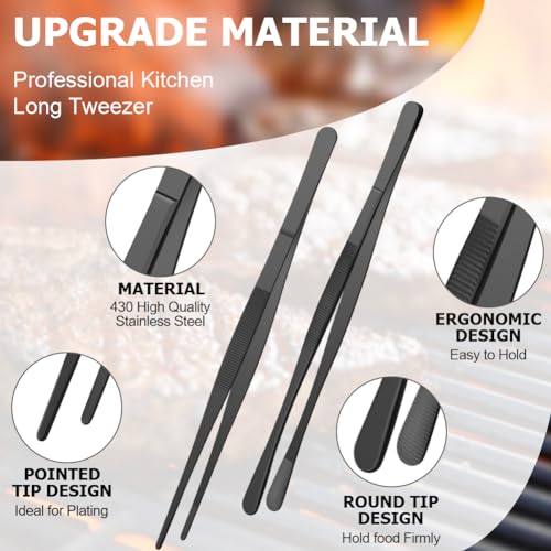 HOTUT Cooking Tweezers Tongs Precision Serrated Tips,2pcs 30cm Kitchen Cooking Tweezers Culinary,Stainless Steel Long Tweezer Tongs,Straight Tweezers Kitchen Tool for BBQ,Plating and Serving (Black) - Image 3