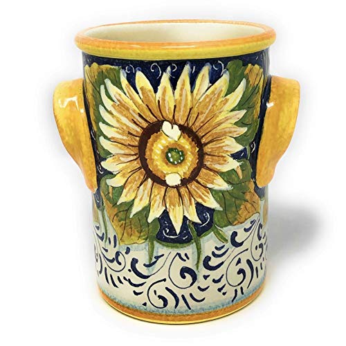 CERAMICHE D'ARTE PARRINI- Italian Ceramic Utensil Holder Wine Bottle Hand Painted Made in ITALY Decorated Sunflower Tuscan Art Pottery