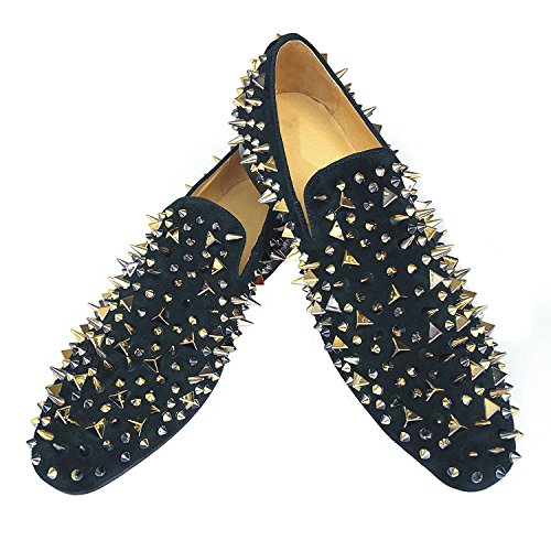 Justar Men's Black Leather Loafers Slippers With Gold Spikes Dress Shoes Slip-On Flats Party Shoes (12) #TOP3
