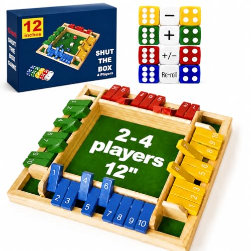 Shut The Box Dice Game 12 Inch Upgraded 2-4 Player Wooden Dice Game Math Addition Games Close The Box Family Wooden Dice Board Game for Kids Adults Tabletop Version for Classroom Home Party or Bar