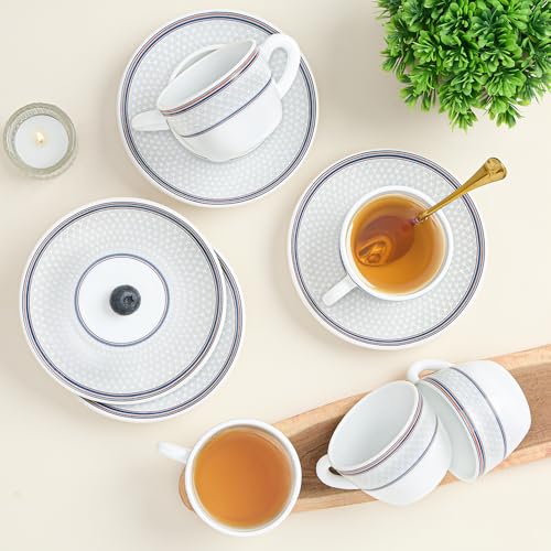 Image of Larah by BOROSIL 140ml Opalware Starlight Tea /Coffee 6pc Cup & 6pc Saucer Set, Microwave & Dishwasher Safe Embossed Design Crockery Set Ideal for Daily Use & Gifting