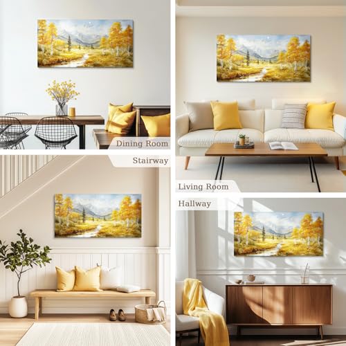 crmotu Autumn Landscape Wall Art, Birch Tree Forest Large Artwork, Mountain River Scenic Canvas Painting, Rustic Aesthetic Pictures Wall Decor Living Room Bedroom Bathroom Kitchen Art Prints 24x48inch