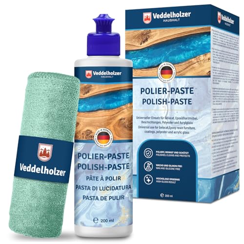 Veddelholzer 200 ml Profi Polierpaste + Polierschwamm für Epoxidharz Möbel Tisch, Acrylglas, Polyester, Gelocat sowie Glasfaser und Carbonfaserverstärkte Kunststoffe. Hochglanz Zubehör
