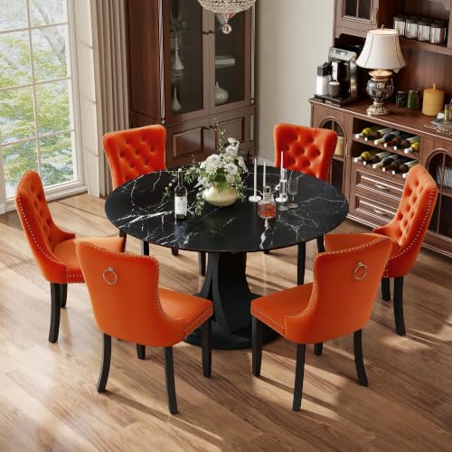 Image of 7-Piece Dining Table Set for 6 with 47 In Black Faux Marble Round Table | Circle Dining Room Table with 6 Velvet Upholstered Chairs, Modern Scandinavian Furniture for Dining Room Kitchen (Orange)