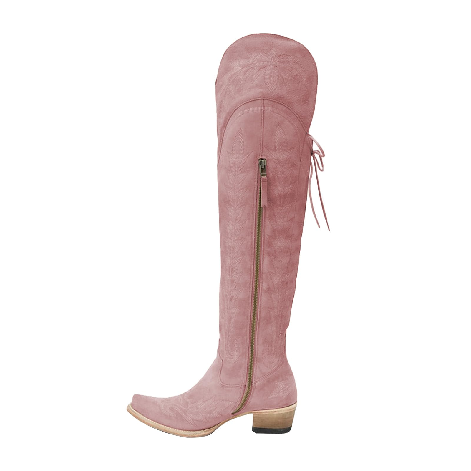 Womens Western Over The Knee Boots Stylish Embroidered Cowboy Boots Pointed Toe Chunky Heel Side Zipper and Back
