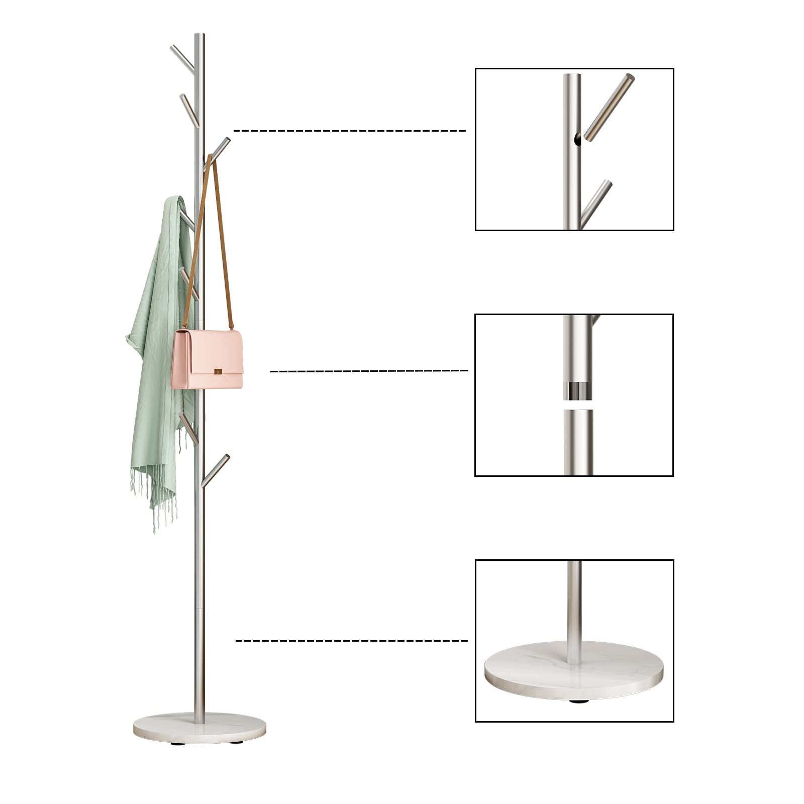 DOORXIFO Silver Coat Racks, Metal Coat Rack Freestanding with Hooks, Entryway Coat Rack Stand, Coat Racks with Marble Base, Coat Tree for Hanging Clothes, Hats, Bags