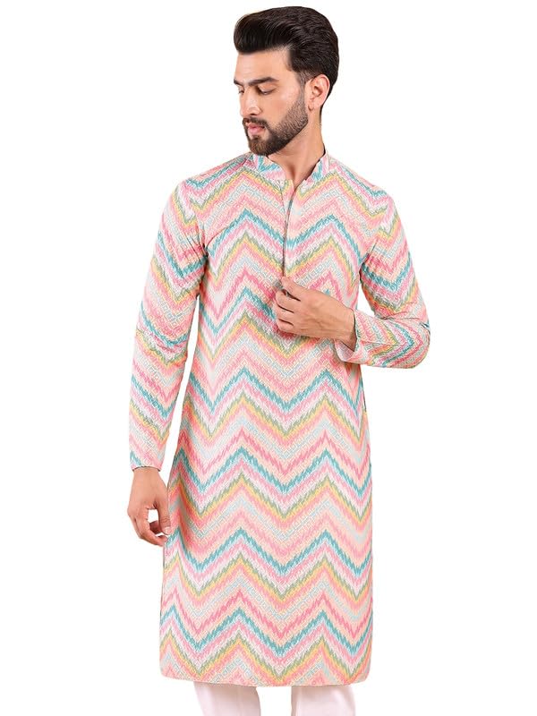 ethnic bay Men Viscose Rayon Chevron Printed Straight Kurta | Men's Kurta | Embroidered Chikankari Kurta for Men | Straight Fit Kurta for Men-picture-12