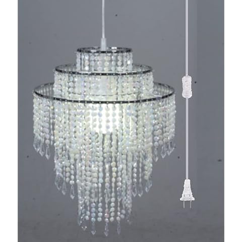 FlavorThings Plug in Classic Acrylic Chandelier, Ceiling Light Beaded Pendant with Crystal Beads with ON/Off Switch and 16.4ft Clear Hanging Cord Cover