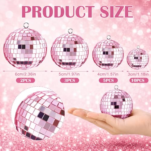 Image of MTLEE 20 Pcs Disco Ball Decor, Pink, 2.4, 2, 1.6, 1.2 Inch | Mirror Balls Ornaments for Weddings, Halloween DIY Bubbling Cauldron, Festivals, Outdoor Events,Hanging with Rope