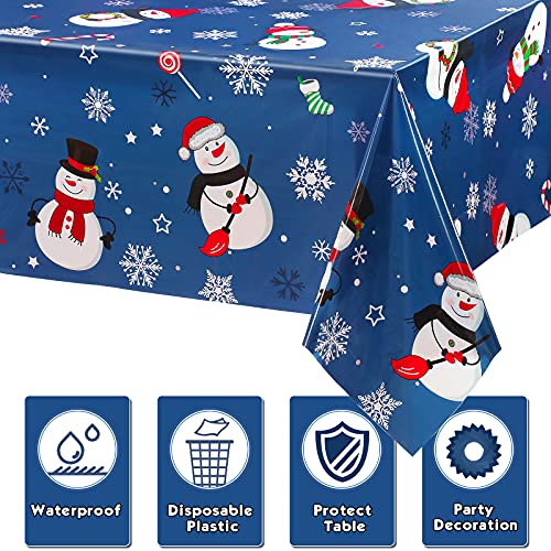 Irenare 3 Pieces Christmas Snowman Tablecloth Winter Snowman Table Cover Plastic Disposable Snowflake Holiday Party Table Cloth for Xmas New Year Party Decorations Supplies, 54 x 108 Inch (Blue) – Image 4