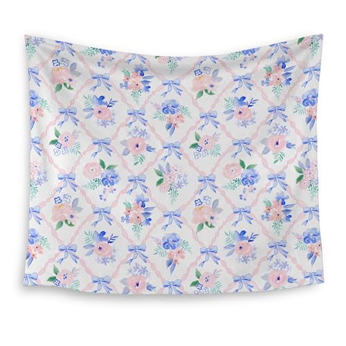 HUGANE Coquette Blue Bow Floral Tapestry, Pastel Pink and Blue Flower Grandmillennial Tapestry Wall Hanging, Cottagecore Aesthetic Wall Blanket Backdrop Decor for Bedroom Living Room Dorm, 50x60 Inch