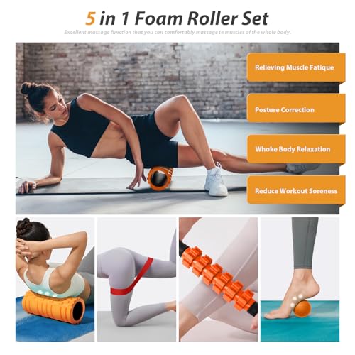 5-in1-Foam-Roller-Set-Trigger-Point-Foam-Roller-Massage-Roller-Stick-Massage-Ball-Resistance-Band-for-Deep-Muscle-Massage-Pilates-YogaFitness-Exercise-for-Whole-Body-Orange-Black