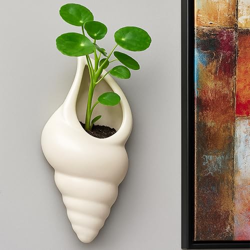 Image of Ceramic Wall Planter - Modern Scalloped Hanging Flower Pot for Indoor Plants - Minimalist Half-Moon Wall Vase for Succulents, Pilea, & Air Plants - Elegant White Floating Planter for Decor
