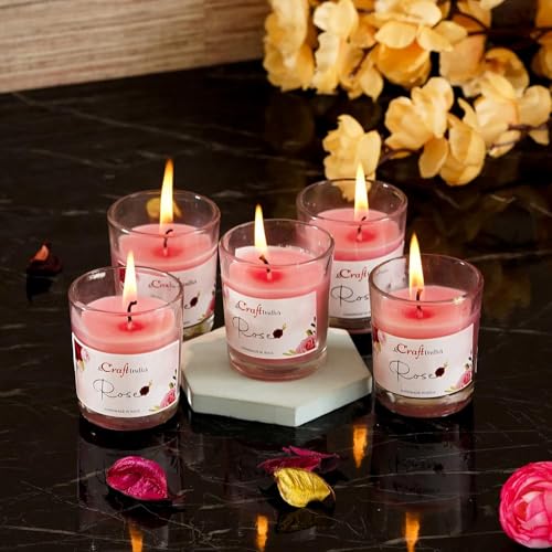 eCraftIndia Set Of 5 Glass Rose Scented Candles For Home Decor - Fragrance Candles For Bedroom Or For Meditation - Gift For Christmas, Diwali, Wedding, Housewarming, Birthday, Easter, Valentine's Day