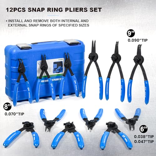 Image of SMOTIVEPRO 12 Piece Versatile Retaining Snap Ring Pliers set,Heavy Duty Fixed Tip Combination Internal /External Snap-ring Pliers for 0.038in 0.047in 0.070in 0.090in
