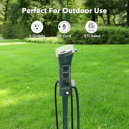 image for BN-LINK Outdoor 6ft Extension Cord Power Stake with 6 Outlets, Outside