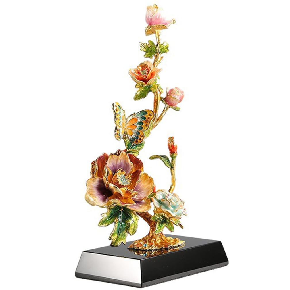 Hhhxkkuu 12.6" Handmade Enamel Peony & Butterfly Statue Floral Ornament