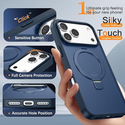 Image of DIZORO Silicone Magnetic Ring Stand Compatible for iPhone 17 Pro Max Case [Military Drop Protection] [Compatible with MagSafe] Shockproof Case Matte Translucent Slim Phone Case - (Blue)