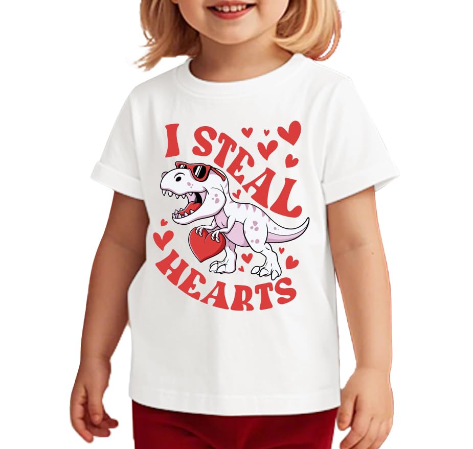 Valentines Shirts for Boys Girls Kids Toddler Valentines T-Shirts Short Sleeve Cute Love Heart Valentine's Tee Funny Dinosaur Steal Hearts Tops White-b