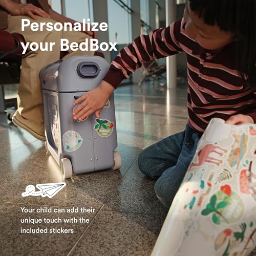 Image of Stokke JetKids BedBox, Arctic Blue - Ride-On Suitcase for Kids 2-7 Years Old (up to 77 lbs) - Transforms Into Bed - Includes Mattress, Decorative Stickers & Adjustable Carrying Strap