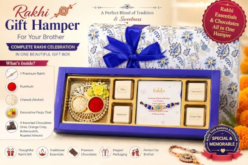 Image of VELVET FINE CHOCOLATES Rakhi Gift Box with 4 Assorted Chocolates (Cookies & Cream, Orange Crisp, Butterscotch & Roasted Almond) with a Rakhi & Kumkum-Chawal Thali | Raksha Bandhan Gift for Brother & Sister