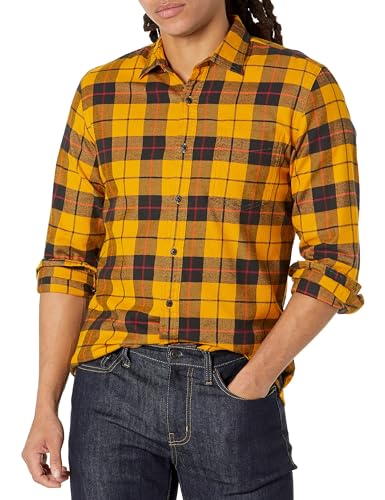 Amazon Essentials Herren Schmal Geschnittenes, Langärmliges Flanellhemd Mit Knopfleiste, Kariert, Schwarz Gelb Karomuster, M