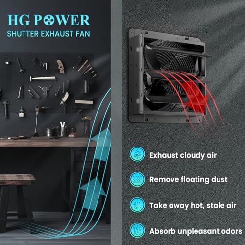Image of HG Power 10 Inch Shutter Exhaust Fan, 647CFM Quiet Garage Exhaust Fan with 8 Foot Long ON /OFF Switch Cable for Chicken Coop, Shed, Basement, Gable, Kitchen, Attic Ventilation Use, Black