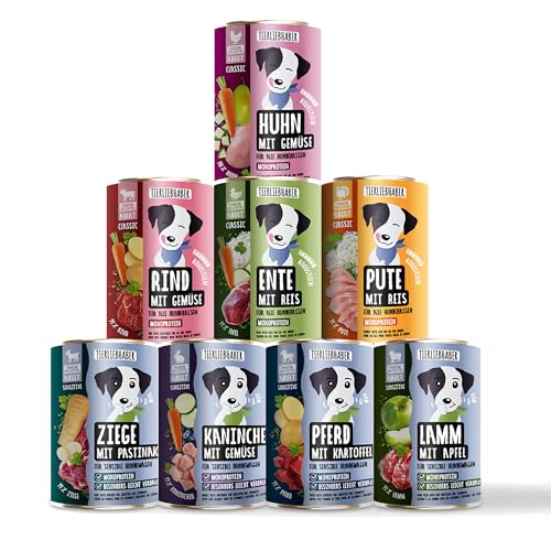 TIERLIEBHABER – Hundefutter Nass 400g Probierpaket à 8 Sorten – Von Tierärzten entwickelt – Nassfutter Hund mit 91% Fleischanteil – Dog Food als Hundenassfutter 400g Dosen