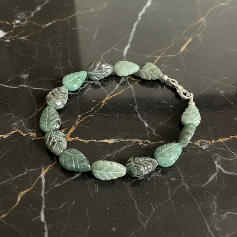 LKBEADS Bransoletka z ogniw naturalnej szmaragdy o wymiarach 13x8 mm w kształcie liścia, fasetowana zielona kamienna biżuteria, 17,78 cm, bransoletka do nakładania, ręcznie robiona biżuteria |LK_SLNK