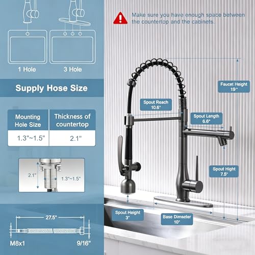 Image of GIMILI Black Stainless Kitchen Faucet with LED Single Handle Kitchen Sink Faucet with Pull Down Sprayer Commercial Double-Headed Stainless Steel Kitchen Faucets Sink with Deck Plate